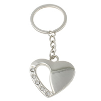 Tibetan Style Key Chain, with iron ring, Heart, platinum color plated, with rhinestone, nickel, lead & cadmium free, 40x40x3mm, Hole:Approx 29mm, Length:Approx 4 Inch, 10Strands/Bag, Sold By Bag