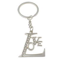 Tibetan Style Key Chain, with iron ring, word love, platinum color plated, with rhinestone, nickel, lead & cadmium free, 39x44x2mm, Hole:Approx 29mm, Length:Approx 4 Inch, 10Strands/Bag, Sold By Bag