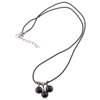 Natural Freshwater Pearl Necklace, with Leather, iron clasp, Round, black, 10x21x9mm, Sold Per 15.5 Inch Strand