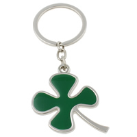 Tibetan Style Key Chain, with iron ring, Four Leaf Clover, platinum color plated, enamel, nickel, lead & cadmium free, 40x49x2mm, Hole:Approx 29mm, Length:Approx 3.5 Inch, 10Strands/Bag, Sold By Bag