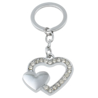 Tibetan Style Key Chain, with iron ring, Heart, platinum color plated, with rhinestone, nickel, lead & cadmium free, 38x35x4mm, Hole:Approx 23mm, Length:Approx 3 Inch, 10Strands/Bag, Sold By Bag