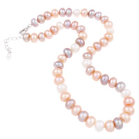 Naturlige ferskvands perle halskæde, Ferskvandsperle, messing karabinlås, med 3.5cm extender kæde, Button, flerfarvede, 10-11mm, Solgt Per Ca. 15.5 inch Strand