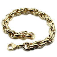Partículas de aço pulseira, cromado de cor dourada, Cadeia de corda, 9mm, comprimento Aprox 9 inchaltura, 3vertentespraia/Bag, vendido por Bag