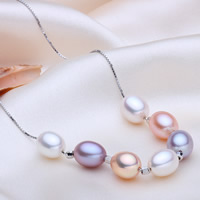Natural Freshwater Pearl Necklace, with Brass, Rice, box chain, multi-colored, 7-8mm, Sold Per Approx 17 Inch Strand