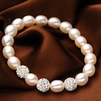 Freshwater Cultured Pearl Bracelet, Freshwater Pearl, with Rhinestone Clay Pave Bead, Rice, natural, with 42 pcs rhinestone, white, 7-8mm, 8mm, Sold Per Approx 6.5 Inch Strand