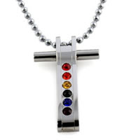 Titanium Steel Pendants, Cross, with rhinestone, multi-colored, 23x38mm, Hole:Approx 2-5mm, 3PCs/Bag, Sold By Bag