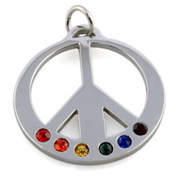 Titanium Steel Pendants, Peace Logo, with rhinestone, multi-colored, 2x35mm, Hole:Approx 2-5mm, 3PCs/Bag, Sold By Bag