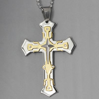 Titanium Steel Pendants, Cross, plated, with rhinestone & two tone, 47x72mm, Hole:Approx 2-5mm, 3PCs/Bag, Sold By Bag