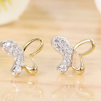 925 Sterling Silver Stud Earring, Butterfly, plated, with cubic zirconia & two tone, 9x10mm, 5Pairs/Bag, Sold By Bag