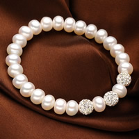 Freshwater Cultured Pearl Bracelet, Freshwater Pearl, with Rhinestone Clay Pave Bead, Button, natural, with 42 pcs rhinestone, white, 8-9mm, 8mm, Sold Per Approx 6.5 Inch Strand