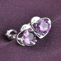Brass Stud Earring Heart platinum plated with cubic zirconia purple nickel lead & cadmium free Sold By Lot