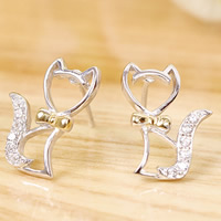 925 Sterling Silver Stud Earring, Cat, plated, with cubic zirconia & two tone, 10x15mm, 5Pairs/Bag, Sold By Bag
