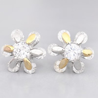 925 Sterling Silver Stud Earring Flower plated with cubic zirconia & two tone Sold By Bag