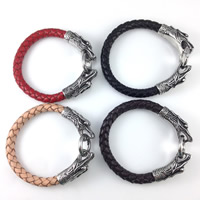 Men Bracelet, Cowhide, titanium steel snap clasp, Dragon, braided & blacken, mixed colors, 8mm, 13x20mm, Length:Approx 8 Inch, 2Strands/Bag, Sold By Bag