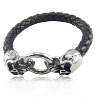 Men Bracelet, Titanium Steel, with Cowhide, Skull, blacken, black, 13x20mm, Sold Per Approx 8 Inch Strand