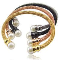 Titanium Steel Mesh Cuff Bangle, with Glass Pearl, plated, mixed colors, 10mm, Inner Diameter:Approx 62mm, Length:Approx 7.5 Inch, 2PCs/Bag, Sold By Bag