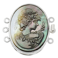 Brass Box Clasp, with Black Shell, Flat Oval, platinum plated, lady cameo & 3-strand, nickel, lead & cadmium free, 31x32x6mm, Hole:Approx 1mm, Sold By PC