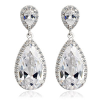 Cubic Zircon (CZ) Drop Earring Brass Teardrop platinum plated with cubic zirconia & faceted clear nickel lead & cadmium free Sold By Pair