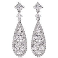 Cubic Zircon (CZ) Drop Earring, Brass, Teardrop, platinum plated, with cubic zirconia, clear, nickel, lead & cadmium free, 9.5x39.5mm, Sold By Pair