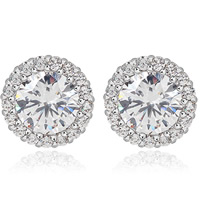Cubic Zircon (CZ) Stud Earring Brass Flat Round platinum plated with cubic zirconia & faceted clear nickel lead & cadmium free Sold By Pair
