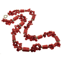 Natural Coral Sweater Necklace with Zinc Alloy brass spring ring clasp red 9-12mm Sold Per Approx 26.5 Inch Strand