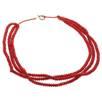 Natural Coral Necklace, with Nylon Cord, brass spring ring clasp, Rondelle, 3-strand, red, 6x3mm, Sold Per Approx 17 Inch Strand