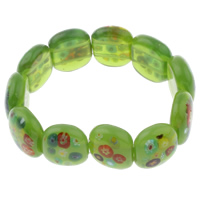 Bracelet verre Millefiori, avec fil élastique, rectangle, fait à la main, bracelet perlé, vert, 22x17x8mm, Longueur:Environ 7.5 pouce, 10Strandstoron/sac, Vendu par sac