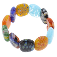 verre millefiori bracelet, avec fil élastique, rectangle, fait à la main, bracelet perlé, multicolore, 20x17x7mm, Longueur:Environ 7.5 pouce, 10Strandstoron/sac, Vendu par sac
