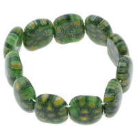 verre millefiori bracelet, avec fil élastique, rectangle, fait à la main, bracelet perlé, vert, 20x17x7mm, Longueur Environ 7.5 pouce, 10Strandstoron/sac, Vendu par sac