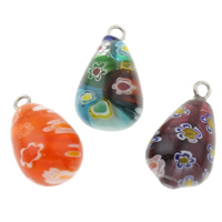 Millefiori Glass, with Iron, Teardrop, handmade, mixed colors, 12x22mm, Hole:Approx 1.5mm, 10PCs/Bag, Sold By Bag