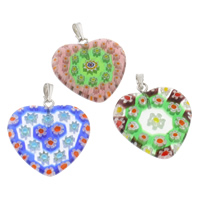 Millefiori Glas hängande smycken, med Järn, Hjärta, handgjord, blandade färger, 24x32x3mm, Hål:Ca 1x5mm, 10PC/Bag, Säljs av Bag