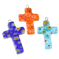 Millefiori Glass, with Iron, Cross, handmade, mixed colors, 19x32x4mm, Hole:Approx 1mm, 10PCs/Bag, Sold By Bag
