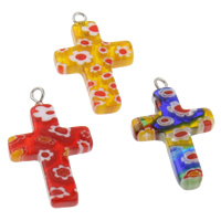 Millefiori Glass, with Iron, Cross, handmade, mixed colors, 18x28x4mm, Hole:Approx 1.5mm, 10PCs/Bag, Sold By Bag