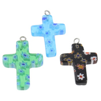 Millefiori Glass, with Iron, Cross, handmade, mixed colors, 18x29x3mm, Hole:Approx 1.5mm, 10PCs/Bag, Sold By Bag