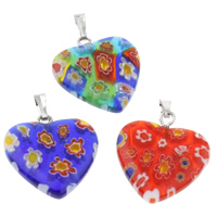 Millefiori Glass, with Iron, Heart, handmade, mixed colors, 20x27x3mm, Hole:Approx 1x5mm, 10PCs/Bag, Sold By Bag