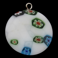 Millefiori Glass, with Iron, Flat Round, handmade, white, 24x27x5mm, Hole:Approx 2mm, 10PCs/Bag, Sold By Bag