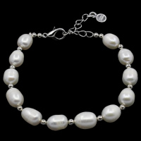 Sötvatten odlade Pearl Bracelet, Freshwater Pearl, med Mässing, med 4cm extender kedja, Ris, naturlig, vit, 7-8mm, Såld Per Ca 6.5 inch Strand