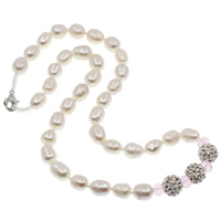 Natural Freshwater Pearl Necklace, with Rhinestone Clay Pave Bead & Crystal & Glass Seed Beads, brass lobster clasp, Rice, with 45 pcs rhinestone & faceted, white, 10mm, 4x6mm, 8-9mm, Sold Per Approx 17 Inch Strand