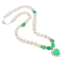 Natural Freshwater Pearl Necklace with Jade & Glass Seed Beads & Brass Heart with cubic zirconia & with rhinestone white 8mm 10-11mm Sold Per Approx 20 Inch Strand