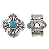 Brass Large Hole Bead, with Turquoise, Flower, silver color plated, two tone & blacken, nickel, lead & cadmium free, 14x13mm, Hole:Approx 3mm, 50PCs/Lot, Sold By Lot