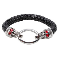 Men Bracelet, Cowhide, with Titanium Steel, Skull, braided & with letter pattern & with rhinestone & blacken, black, 15mm, Length:Approx 7.5 Inch, 3Strands/Lot, Sold By Lot