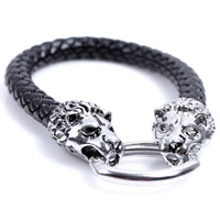Men Bracelet Cowhide with Titanium Steel Leopard braided & blacken black 15mm Length Approx 7.5 Inch Sold By Lot