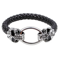 Men Bracelet, Cowhide, with Titanium Steel, Skull, braided & enamel & blacken, black, 15mm, Length:Approx 7.5 Inch, 3Strands/Lot, Sold By Lot