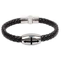 Men Bracelet Cowhide with Titanium Steel braided & enamel black 15mm Length Approx 8 Inch Sold By Lot
