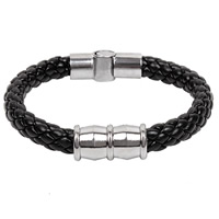 Men Bracelet Cowhide with Titanium Steel braided black 15mm Length Approx 8 Inch Sold By Lot