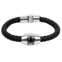 Men Bracelet, Cowhide, with Titanium Steel, braided & enamel, black, 15mm, Length:Approx 8 Inch, 3Strands/Lot, Sold By Lot