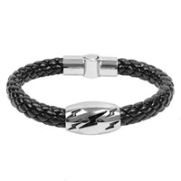 Men Bracelet, Cowhide, with Titanium Steel, braided & enamel, black, 15mm, Length:Approx 8 Inch, 3Strands/Lot, Sold By Lot