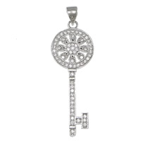 Cubic Zirconia Micro Pave Brass Pendant, Key, platinum plated, micro pave cubic zirconia, nickel, lead & cadmium free, 13x37x1.50mm, Hole:Approx 3.5x4mm, 20PCs/Lot, Sold By Lot