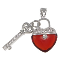 Cubic Zirconia Micro Pave Brass Pendant, with Glass, Lock and Key, platinum plated, micro pave cubic zirconia, red, nickel, lead & cadmium free, 14x21x6mm, 7x21x2mm, Hole:Approx 4x5mm, 10PCs/Lot, Sold By Lot