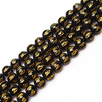 Buddha Beads, Black Agate, Round, om mani padme hum & versace pattern & different size for choice & gold powder, Hole:Approx 2mm, Length:Approx 15 Inch, Sold By Lot